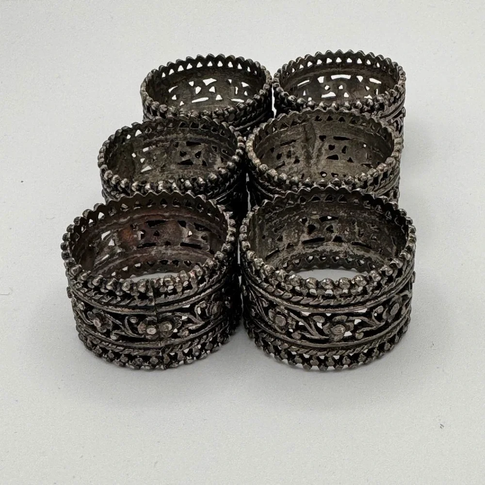 Vintage Silver Tone Filigree Floral Napkin Rings Set of 6 Scalloped Edge 6.8oz